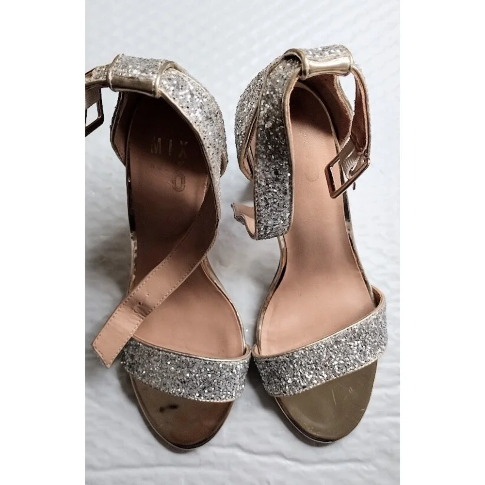 Mix No 6 Womens Glitter Block Heel‎ Ankle Strap Sandals Gold Silver size 8